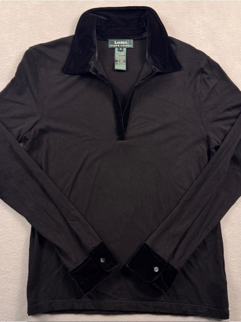 Ralph Lauren LRL Blouse Womens Medium Velvet Trim Whimsigoth Witchy Black